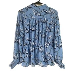 New Directions Blue Floral Long Sleeve Peplum Blouse Boho Medium